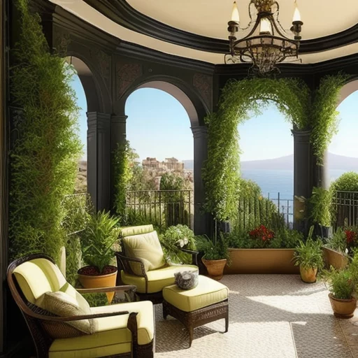 5115413419-mediterranean luxurious interior terrace, dark walls, flowers plants, checkeered.webp